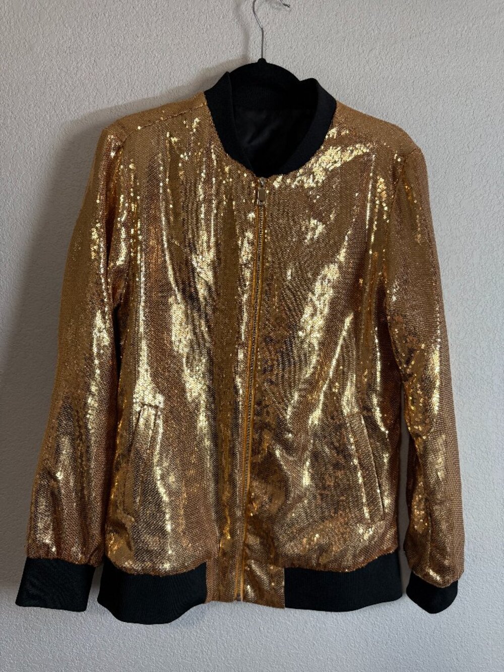 Bespoke Talio Uomo Gold Sequin Bomber Jacket Size S Unisex Sparkle Glam Party